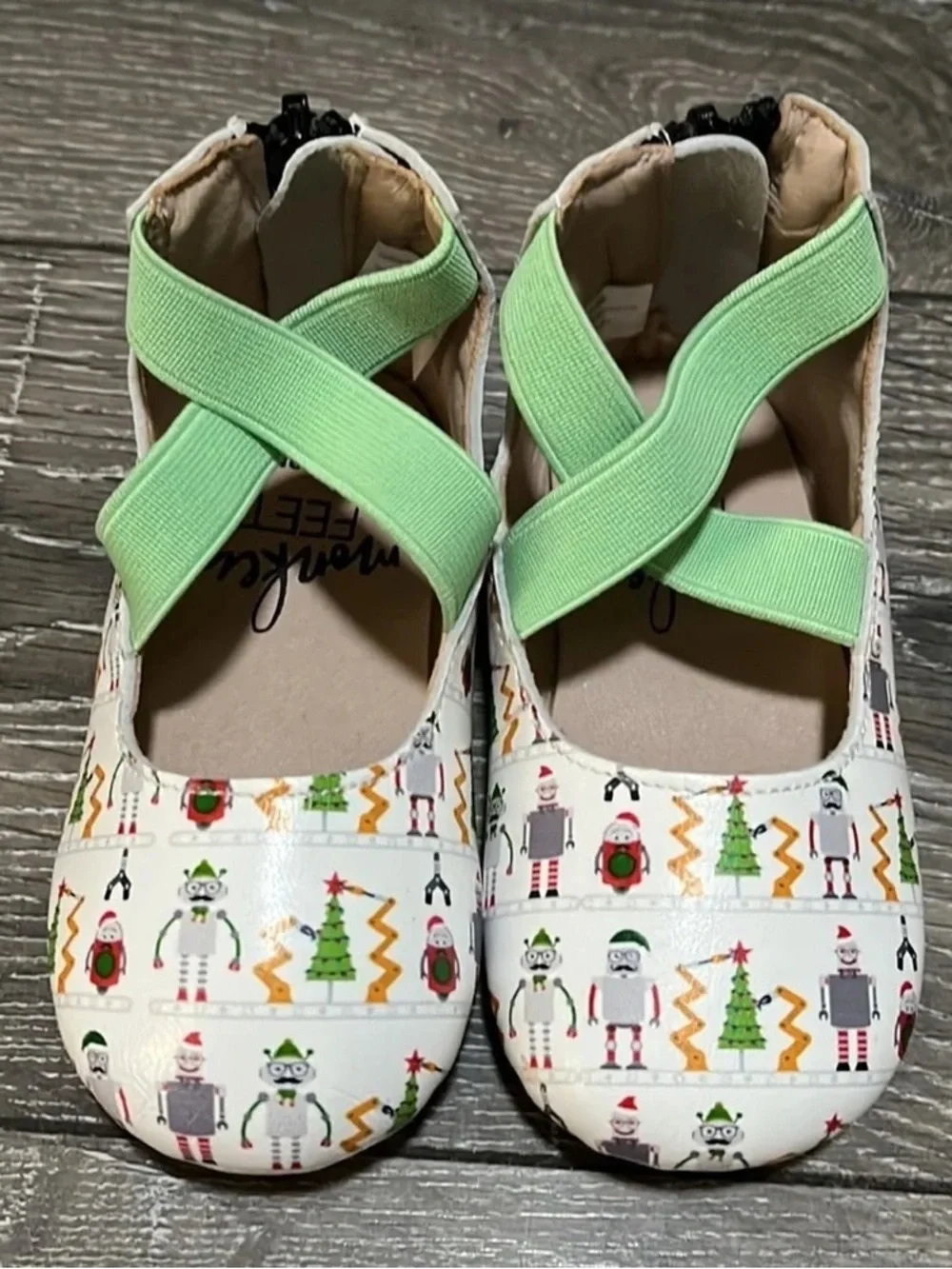 Girls Holiday Robot Print Mary Jane Shoes with Mint Cross Straps